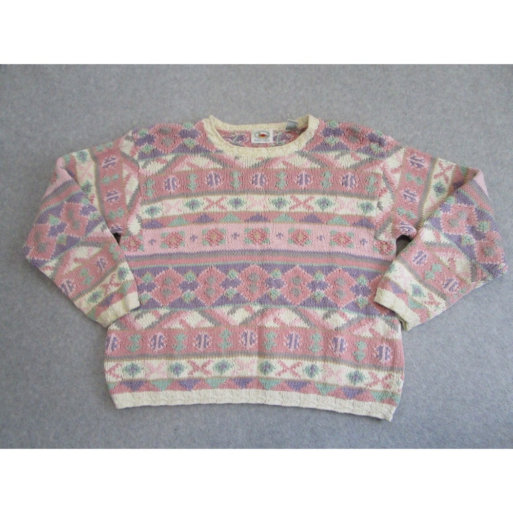 Vintage Hand Knit Sweater‎ Womens Medium Pink Pastel Fair Isle Marsh Landing